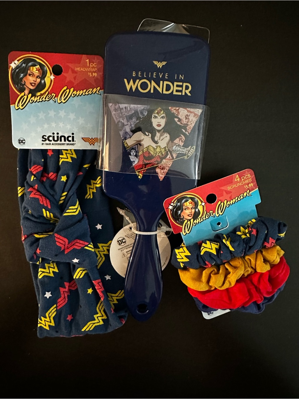 Wonder Woman Hair Accessory Set in Navy, Red & Gold Head-wrap Hairbrush Scrunci